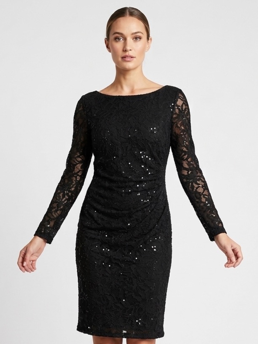 Lauren Ralph Lauren Black Lace Long-Sleeve Sequin Sheath Coctail Dress